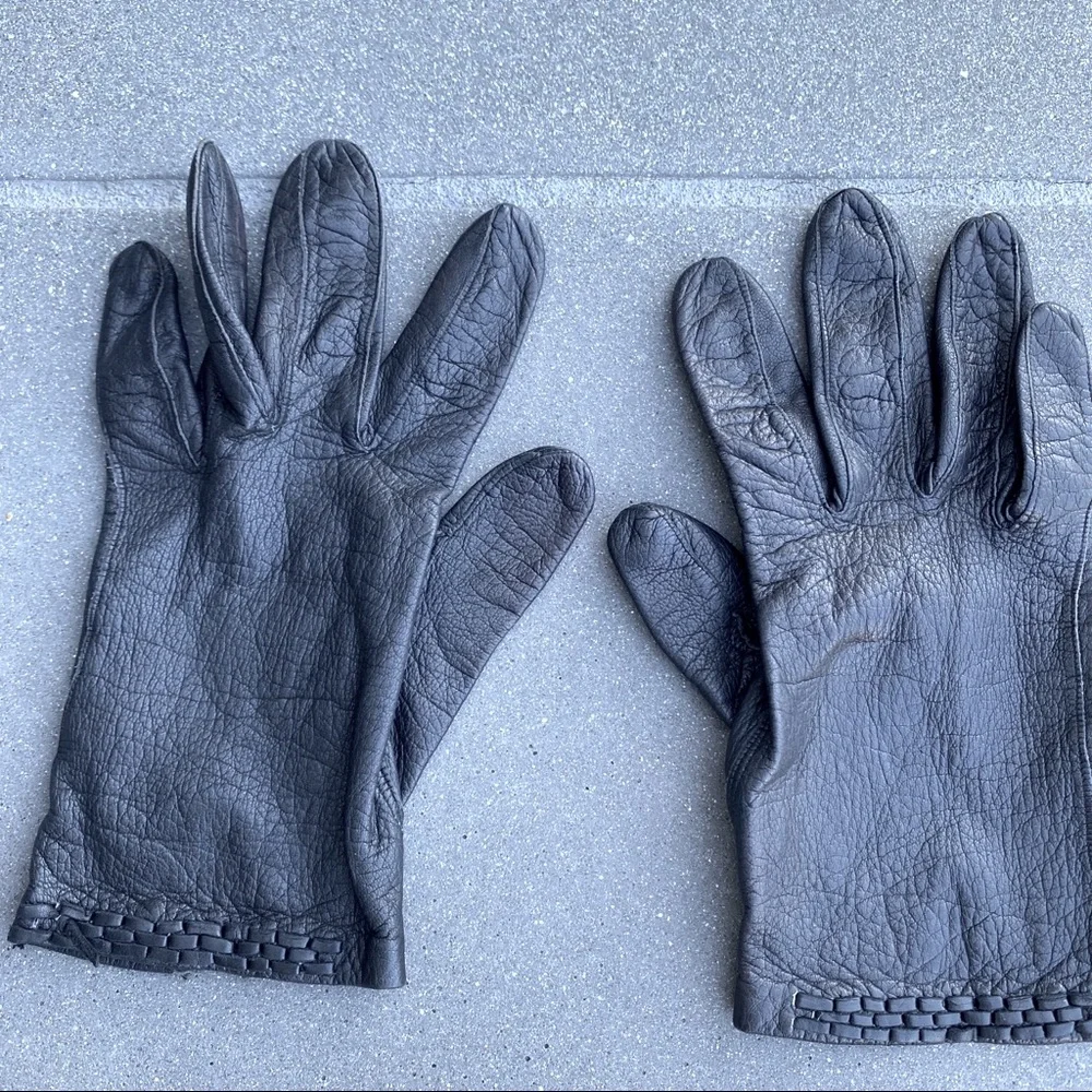 Vintage driving gloves black pebbled leather 60s braided hand ladies Women’s 7